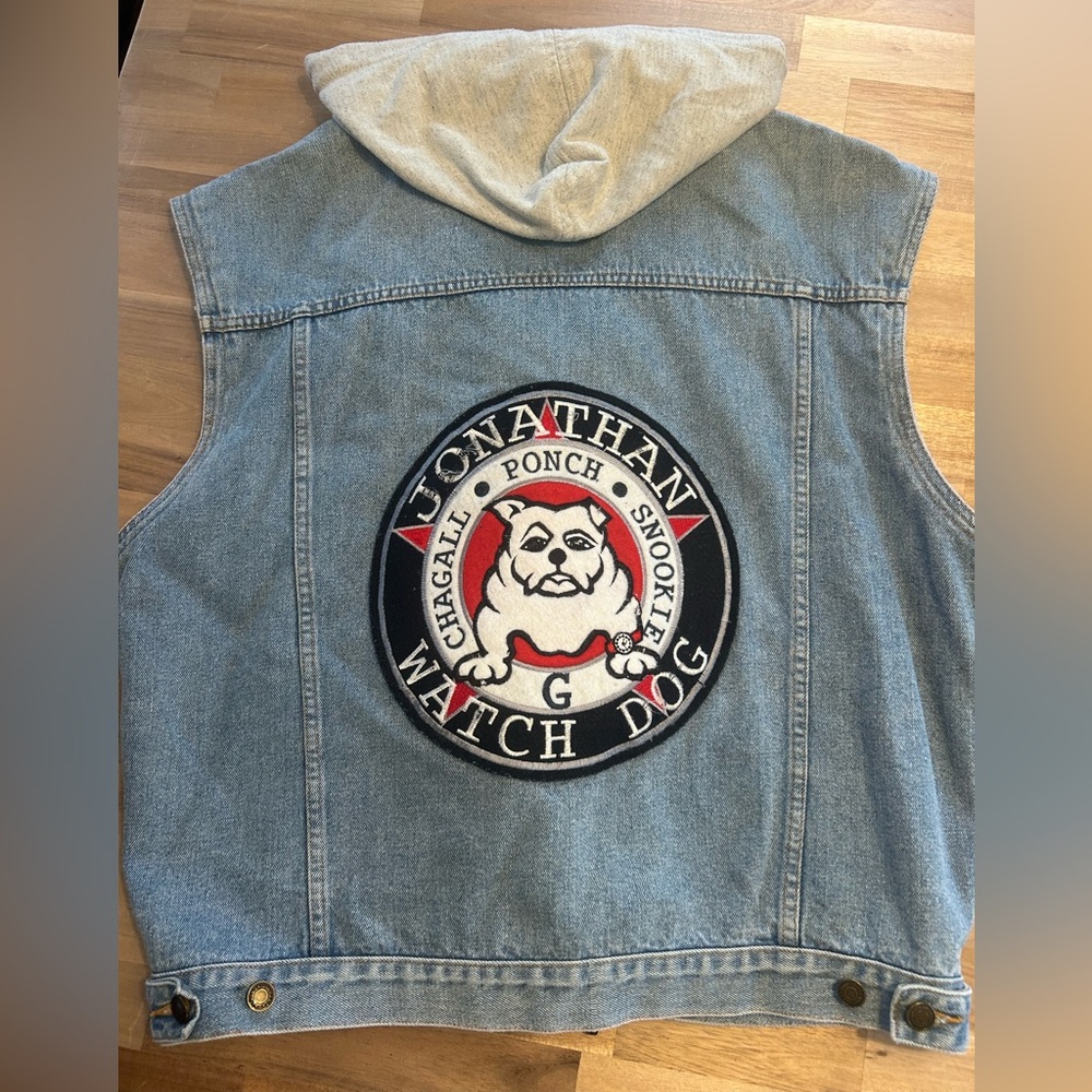 Vintage Denim Vest Sleeveless Hoodie Biker Patch Watch Dog Jonathan G Men
